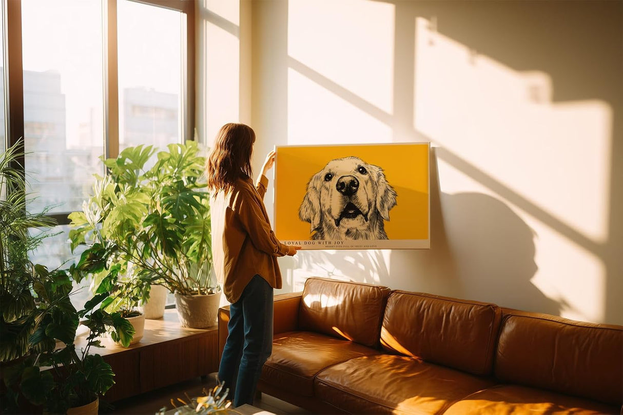 Paul Sinus Wandbild 120x80cm Hund Portrait moderne Tierillustration gelber Hintergrund Kunstdruck stilvolle Wanddekoration fuer Wohnzimmer Flur Büro Tierliebhaber