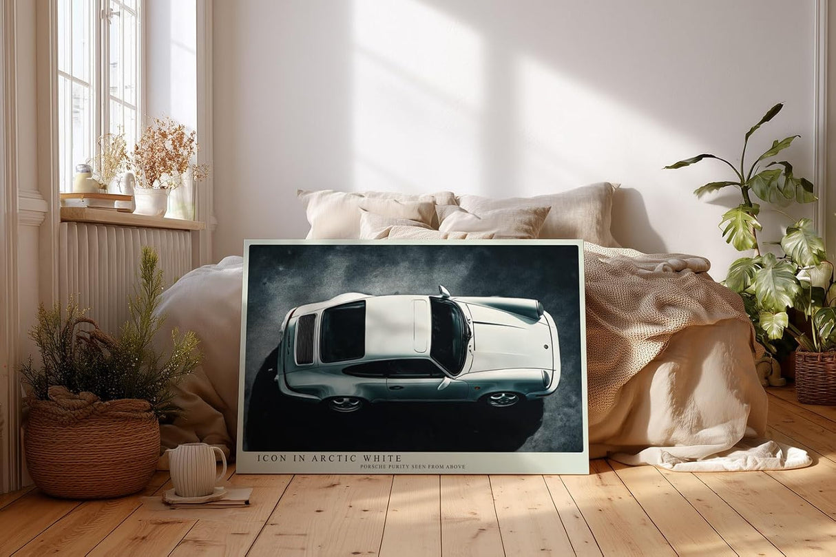 Paul Sinus Wandbild 120x80cm Icon in Arctic White klassischer Sportwagen von oben moderne Auto Kunst Poster für Wohnzimmer Büro