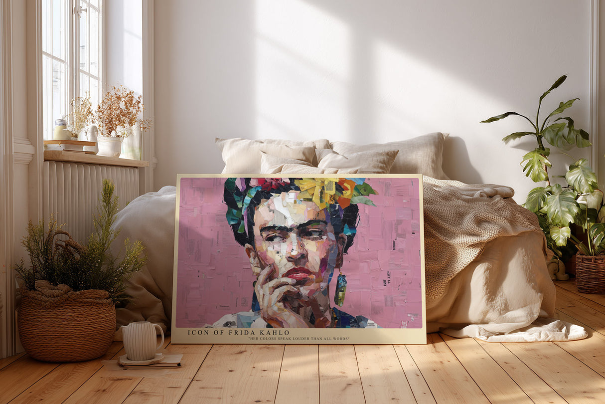 Paul Sinus Wandbild Icon of Frida – farbenstarkes Porträt in Collagestil symbolisiert künstlerische Freiheit, Mut und Individualität