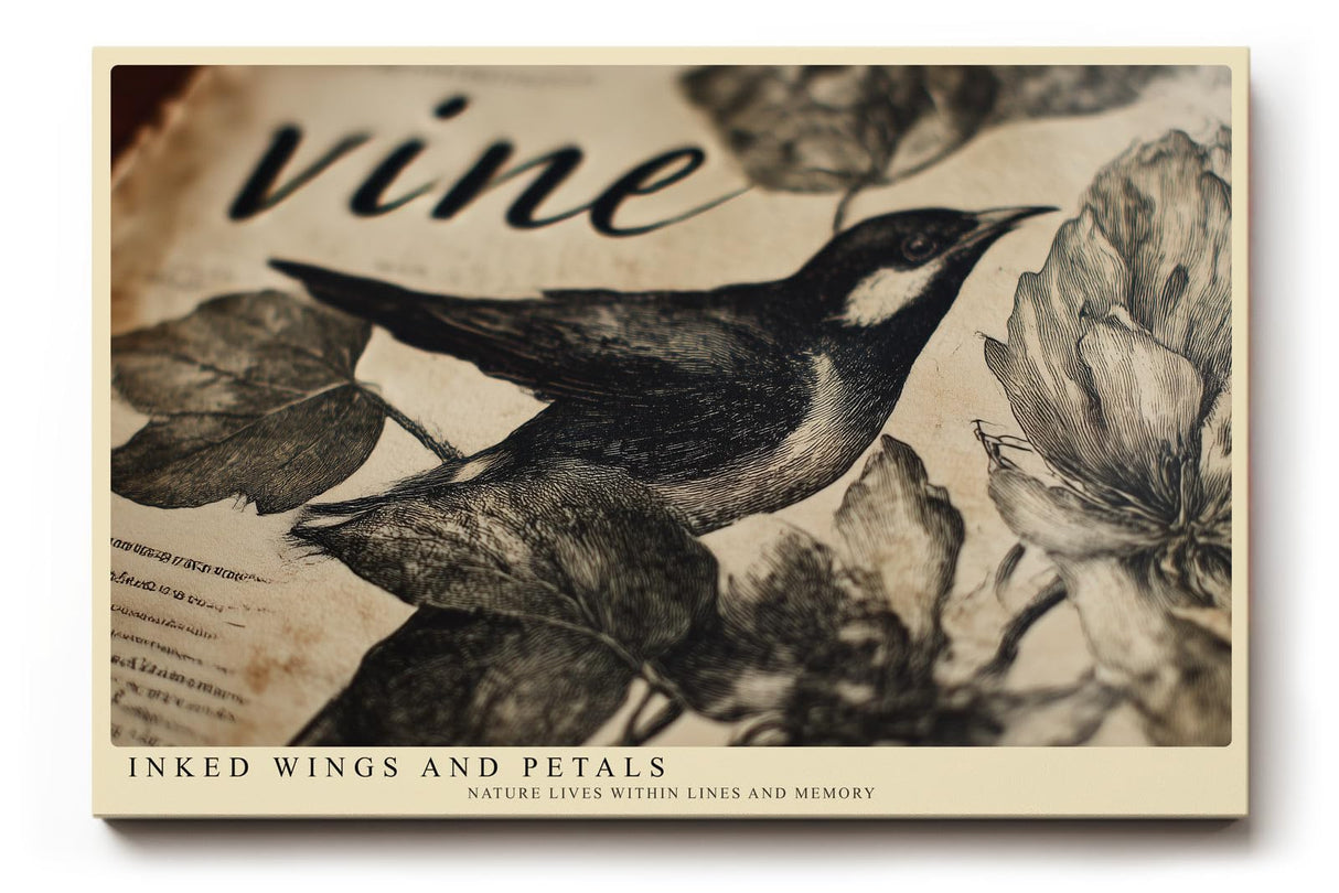 Paul Sinus Wandbild 120x80cm Inked Wings and Petals Vintage Vogel Illustration mit Blumen Natur Kunst Poster für Wohnzimmer Büro