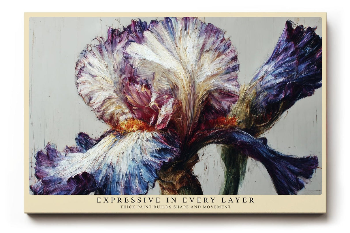 Paul Sinus Wandbild 120x80cm Iris Bluete abstrakte Blumenmalerei moderne Kunst violett weiss expressive Pinselstruktur grosses Blumen Kunstbild stilvolle Wanddekoration fuer Wohnzimmer