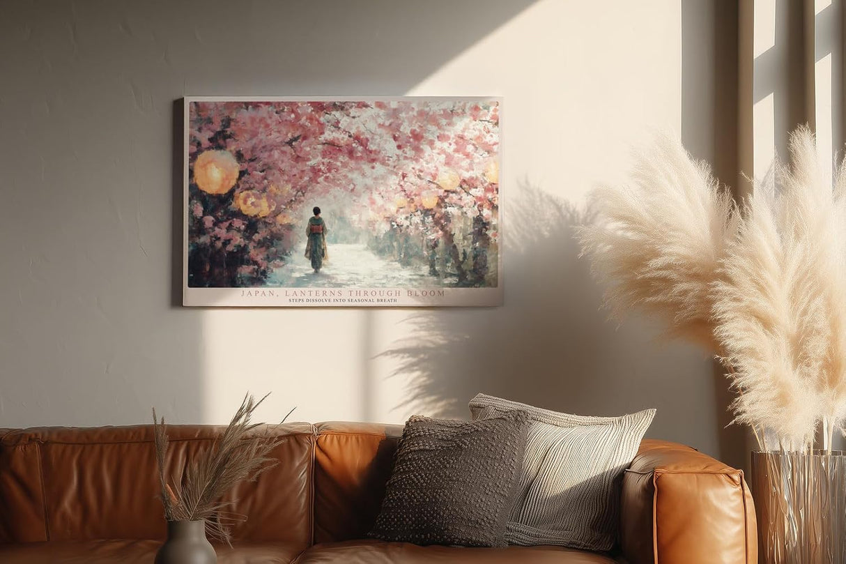 Paul Sinus Wandbild 120x80cm Japan Kirschblueten Weg Laternen Fruehling Landschaft Kunst Sakura Spaziergang