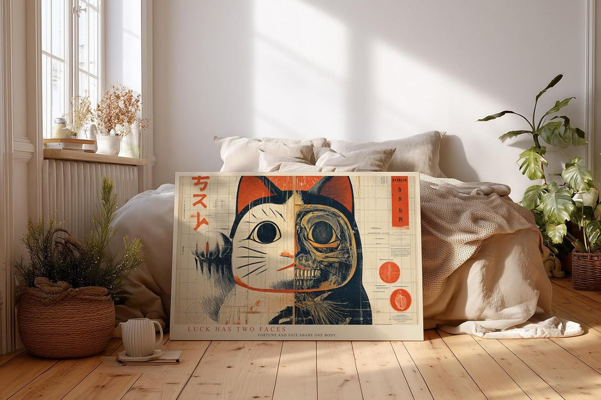Paul Sinus Wandbild 120x80cm japanische Glueckskatze modern halb Katze halb Skelett abstrakte Illustration rot beige asiatische Kunst Leinwand Wanddekoration fuer Wohnzimmer Büro