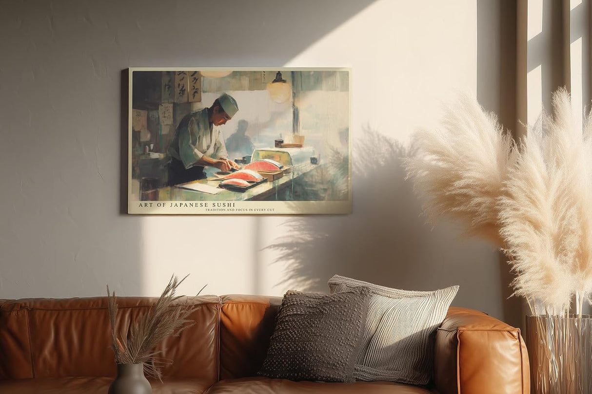 Paul Sinus Wandbild 120x80cm Japanischer Sushi Meister Küche Kunst in Warmem Licht für Küche Esszimmer Restaurant und Bar