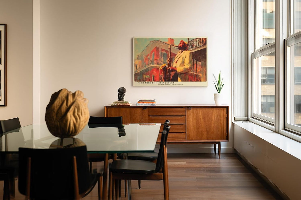 Paul Sinus Wandbild 120x80cm Jazz Musiker Saxophon Szene Vintage Musik Kunst in Rot Gold für Wohnzimmer Bar und Büro