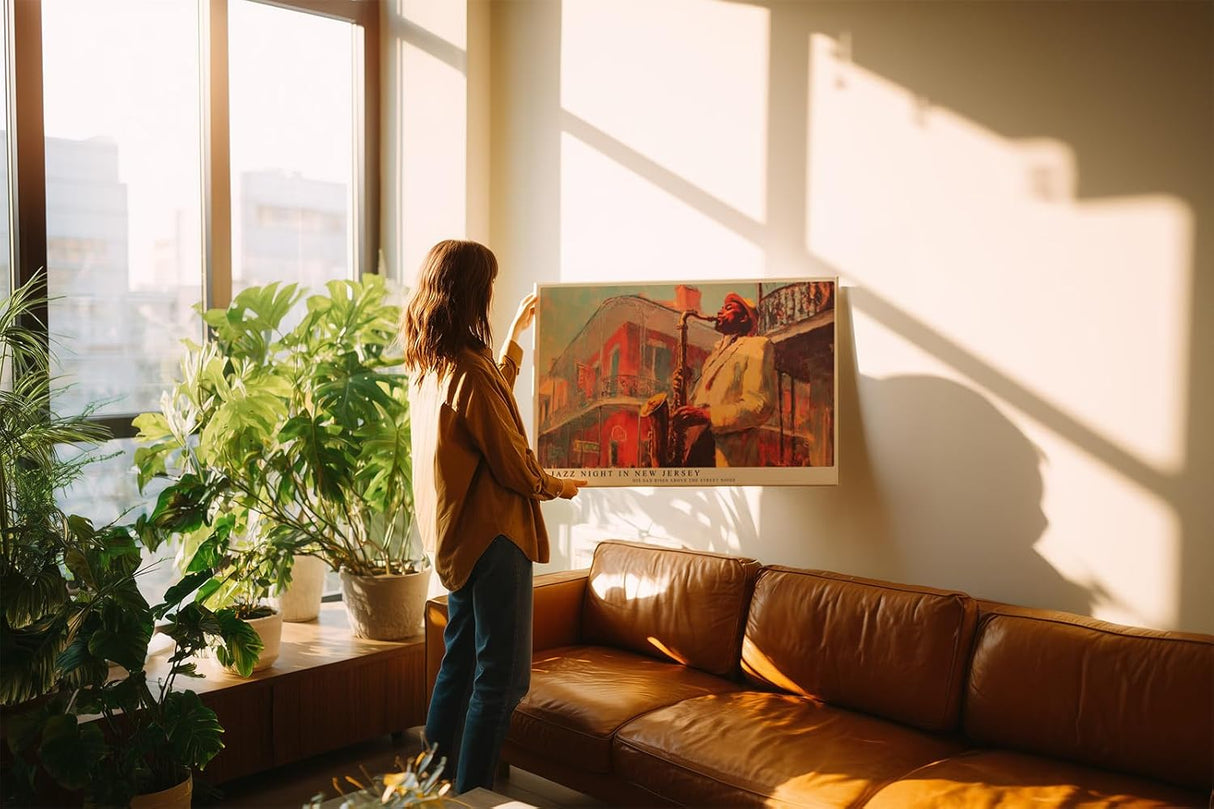 Paul Sinus Wandbild 120x80cm Jazz Musiker Saxophon Szene Vintage Musik Kunst in Rot Gold für Wohnzimmer Bar und Büro