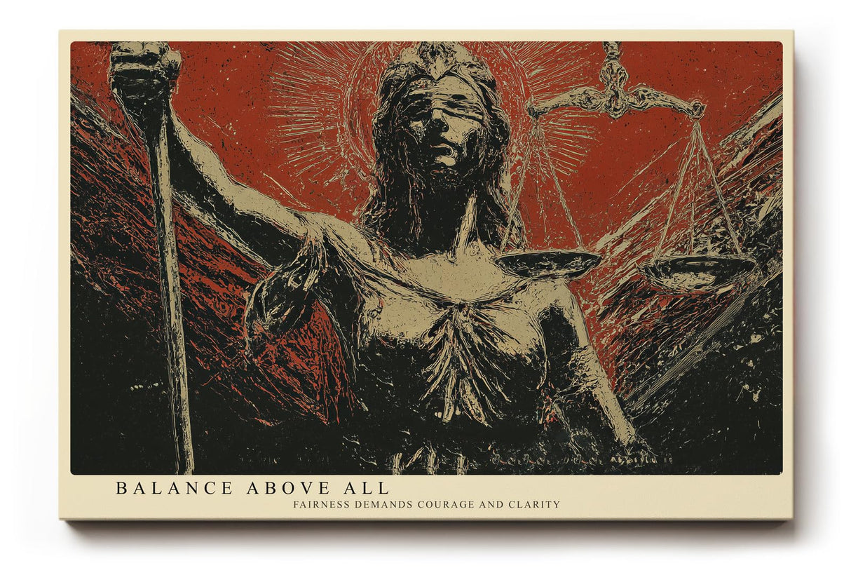 Paul Sinus Wandbild 120x80cm Justitia Statue Symbol der Gerechtigkeit klassische Skulptur Kunst rot schwarz Kontrast modernes Juristen Wandbild 120x80cm Dekoration fuer Büro Kanzlei Wohnzimmer