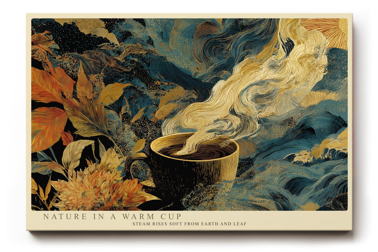 Paul Sinus Wandbild 120x80cm Kaffee Natur Illustration Moderne Kunst in Blau Gold und Braun für Wohnzimmer Küche und Büro