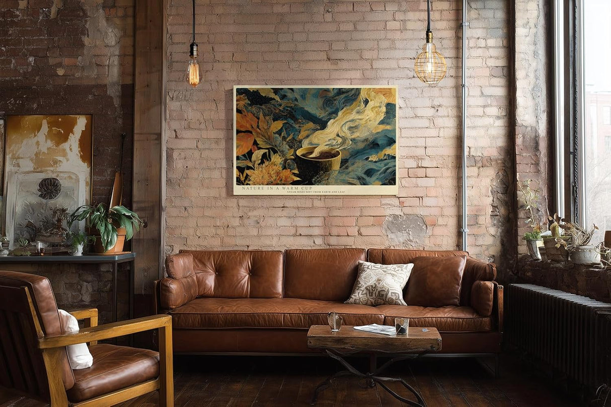 Paul Sinus Wandbild 120x80cm Kaffee Natur Illustration Moderne Kunst in Blau Gold und Braun für Wohnzimmer Küche und Büro