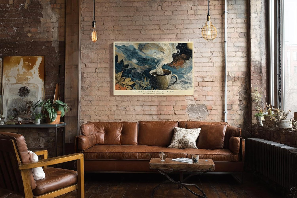 Paul Sinus Wandbild 120x80cm Kaffee Tasse mit Dampf in Nachtstimmung Abstrakte Kunst in Blau Gold Wanddekoration