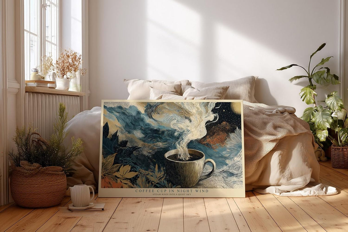 Paul Sinus Wandbild 120x80cm Kaffee Tasse mit Dampf in Nachtstimmung Abstrakte Kunst in Blau Gold Wanddekoration