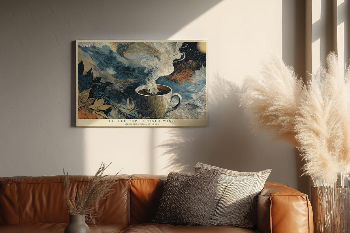 Paul Sinus Wandbild 120x80cm Kaffee Tasse mit Dampf in Nachtstimmung Abstrakte Kunst in Blau Gold Wanddekoration