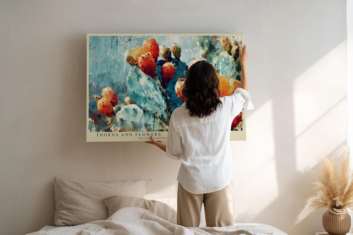 Paul Sinus Wandbild 120x80cm Kaktus Fruechte abstrakte Pflanzenmalerei warme orange gruene Farben moderne Naturkunst Wanddekoration fuer Wohnzimmer Büro