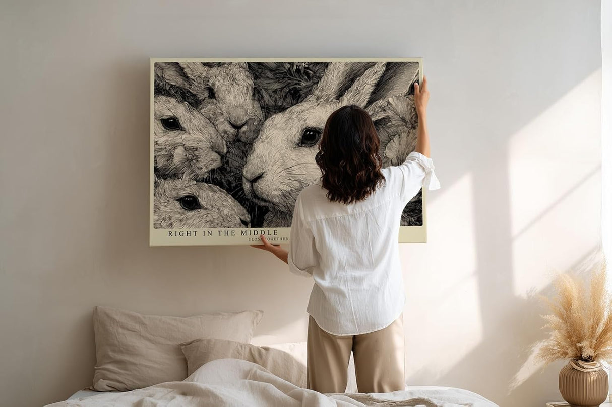 Paul Sinus Wandbild 120x80cm Kaninchen Illustration schwarz weiss Tierkunst Leinwand Wanddekoration niedliches Tiermotiv fuer Kinderzimmer Wohnzimmer