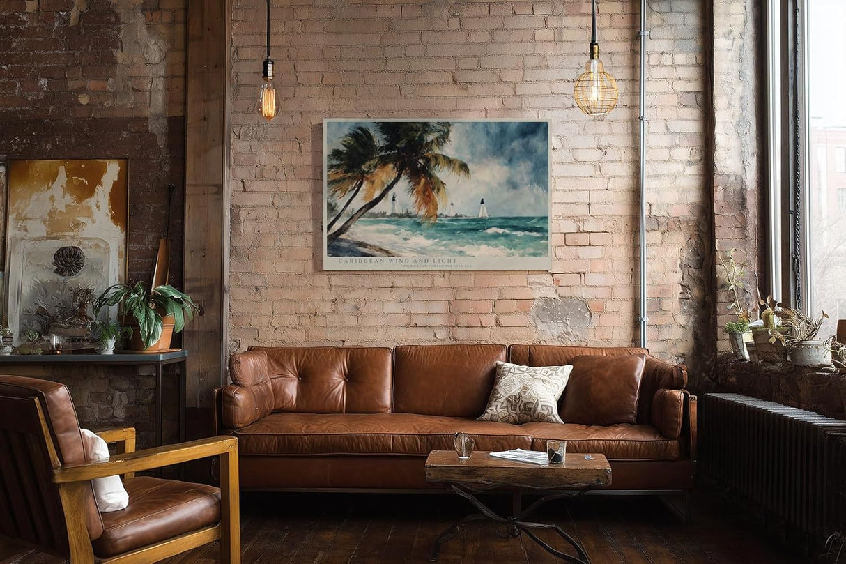 Paul Sinus Wandbild 120x80cm Karibischer Strand Palmen Meer Landschaft Kunstmotiv Tropische Kueste mit bewegten Wellen und Sommeratmosphaere
