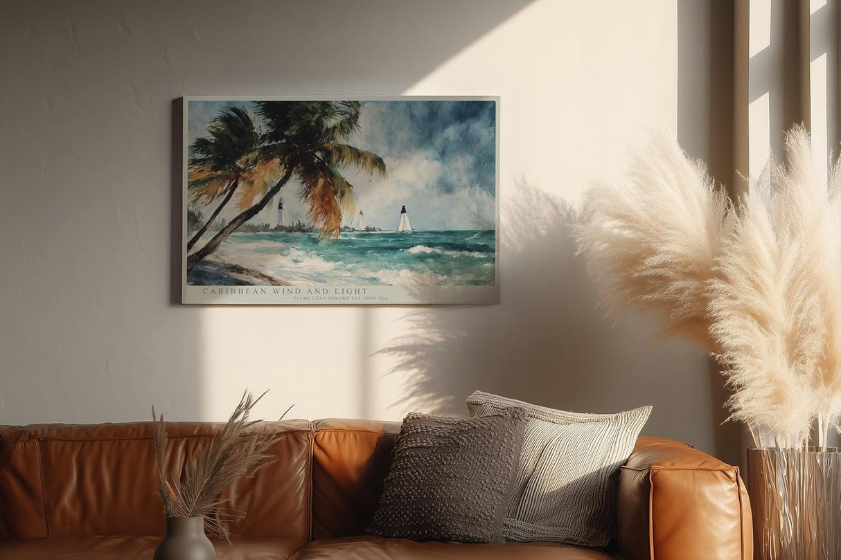 Paul Sinus Wandbild 120x80cm Karibischer Strand Palmen Meer Landschaft Kunstmotiv Tropische Kueste mit bewegten Wellen und Sommeratmosphaere