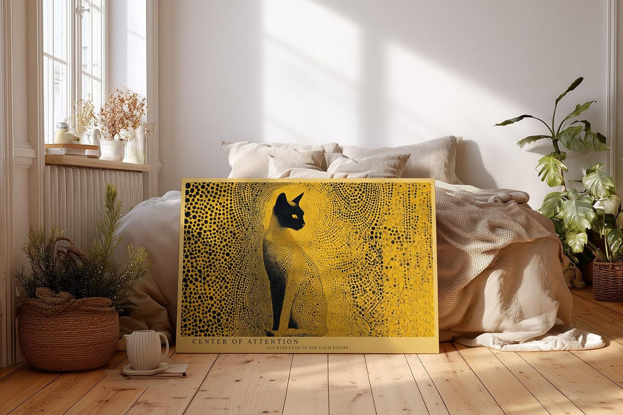 Paul Sinus Wandbild 120x80cm Katze abstrakte Tierkunst gelb schwarzes Punktmuster modernes Katzen Kunstbild Wanddekoration fuer Wohnzimmer Büro