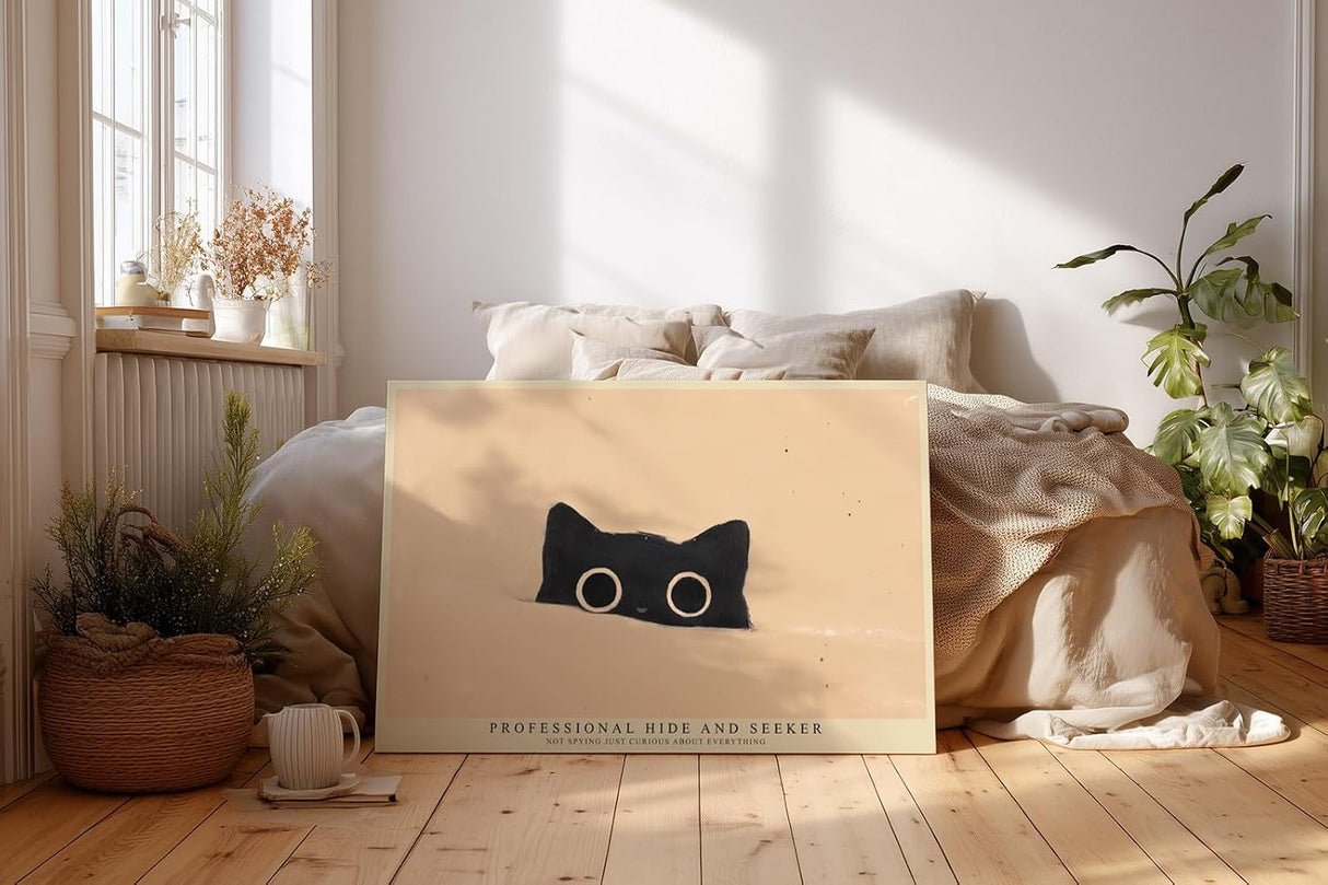 Paul Sinus Wandbild 120x80cm Katze Illustration minimalistische Tierkunst mit großen Augen modernes Katzenbild humorvolle Wanddekoration für Wohnzimmer Kinderzimmer Büro
