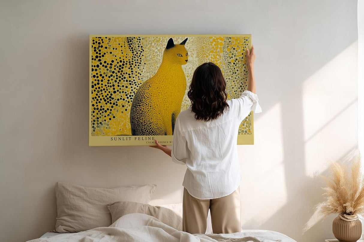 Paul Sinus Wandbild 120x80cm Katze moderne Tierkunst gelb schwarzes Punktmuster stilvolle Katzen Illustration Wanddekoration fuer Wohnzimmer Büro