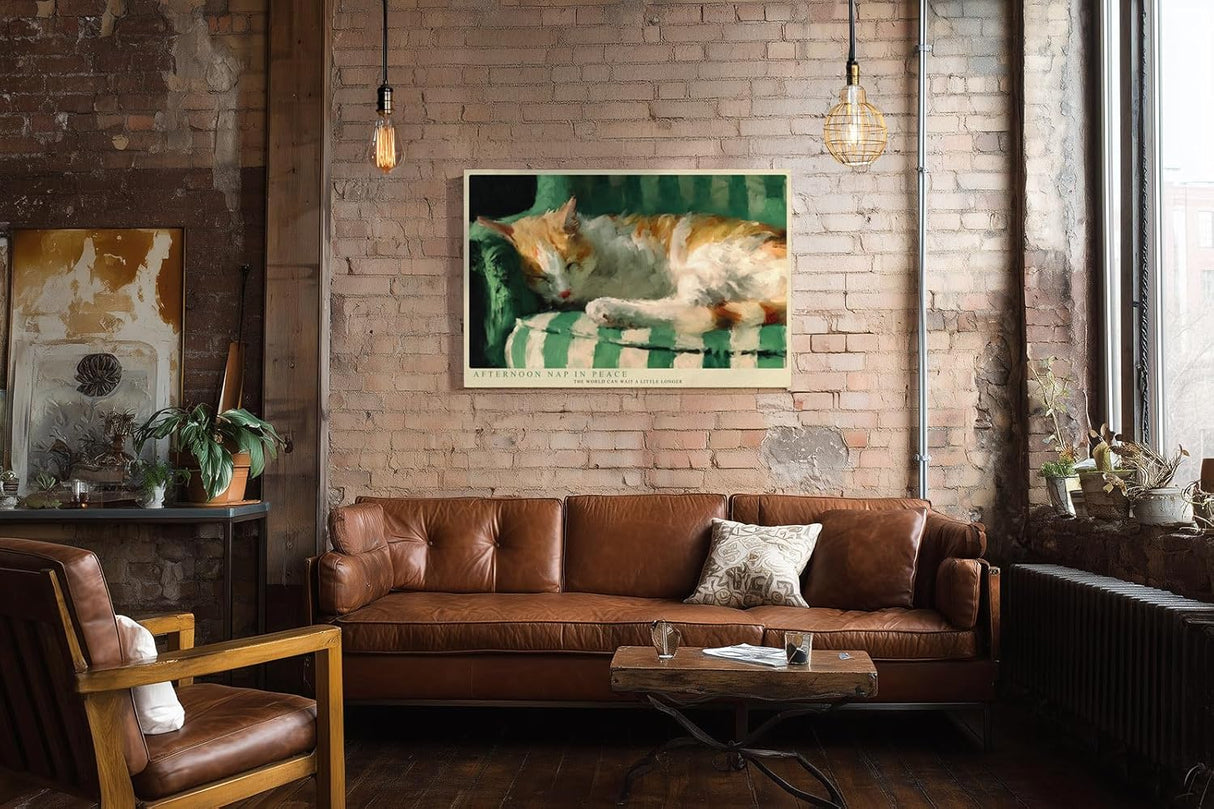 Paul Sinus Wandbild 120x80cm Katze schlafend Illustration modern gruene Couch Kunstdruck grosses Tier Kunstbild warme Wanddekoration fuer Wohnzimmer Büro