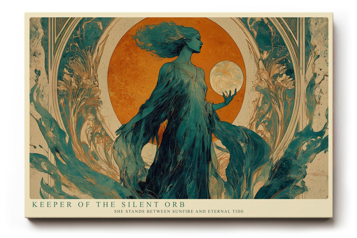 Paul Sinus Wandbild 120x80cm Keeper of the Silent Orb mystische Frauenfigur mit goldener Sonne Jugendstil Kunst Poster für Wohnzimmer Schlafzimmer