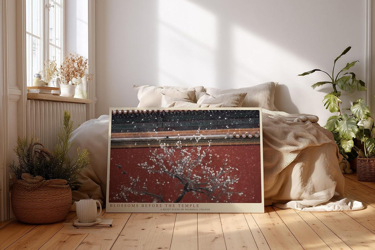 Paul Sinus Wandbild 120x80cm Kirschblueten vor Tempel asiatische Architektur Fruehlingsmotiv ruhige Naturfotografie stilvolle Wanddekoration fuer Wohnzimmer Büro