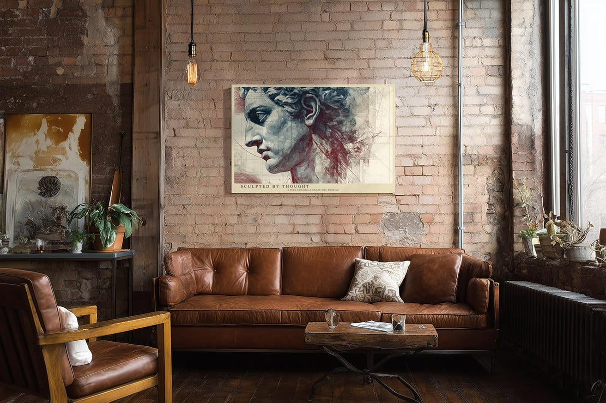 Paul Sinus Wandbild 120x80cm klassische Skulptur Portrait moderne Collage Kunst in Grau Rot Beige Leinwand Wanddekoration fuer Wohnzimmer Büro