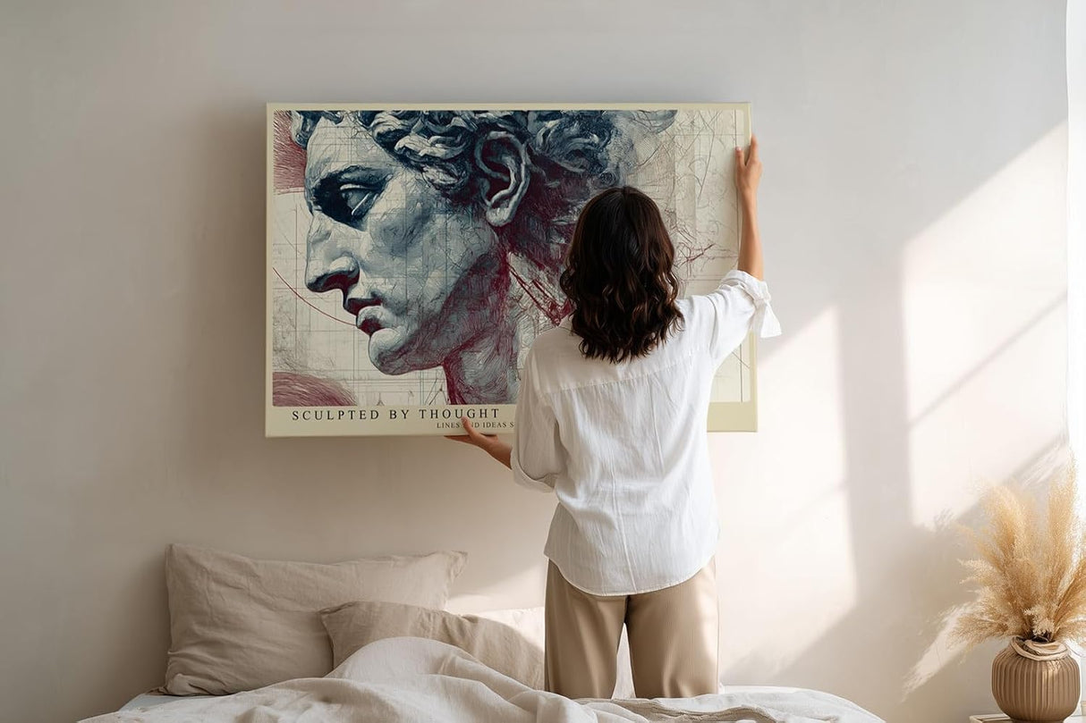 Paul Sinus Wandbild 120x80cm klassische Skulptur Portrait moderne Collage Kunst in Grau Rot Beige Leinwand Wanddekoration fuer Wohnzimmer Büro