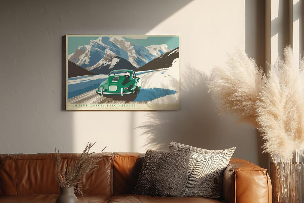 Paul Sinus Wandbild 120x80cm Klassischer gruener Sportwagen in alpiner Berglandschaft stilvolle Automobil Kunst fuer moderne Wohnräume