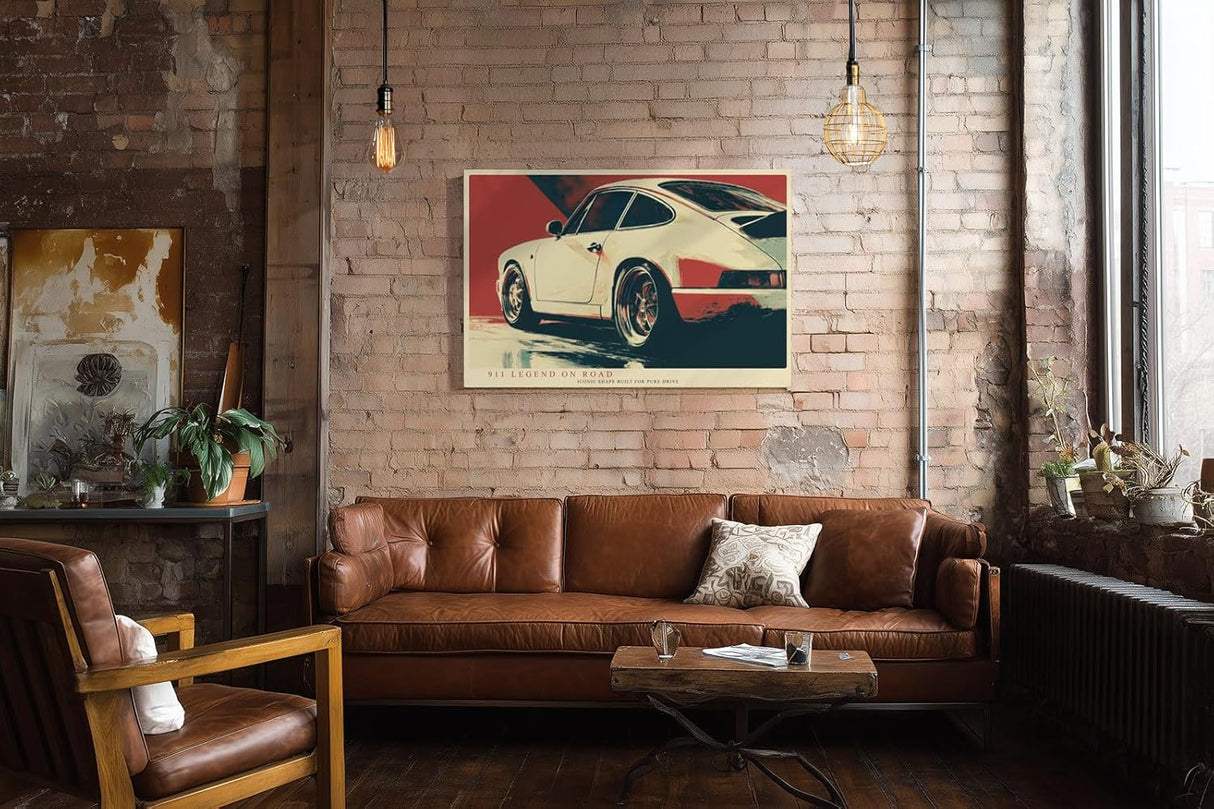 Paul Sinus Wandbild 120x80cm klassischer Sportwagen 911 Retro Auto Kunst moderne Illustration roter Hintergrund Kunstdruck stilvolle Wanddekoration fuer Wohnzimmer Büro Garage