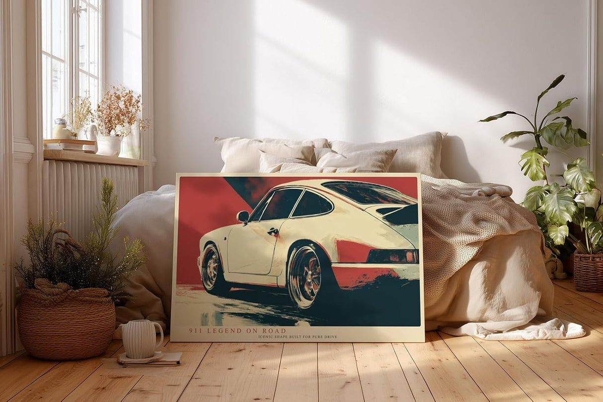Paul Sinus Wandbild 120x80cm klassischer Sportwagen 911 Retro Auto Kunst moderne Illustration roter Hintergrund Kunstdruck stilvolle Wanddekoration fuer Wohnzimmer Büro Garage