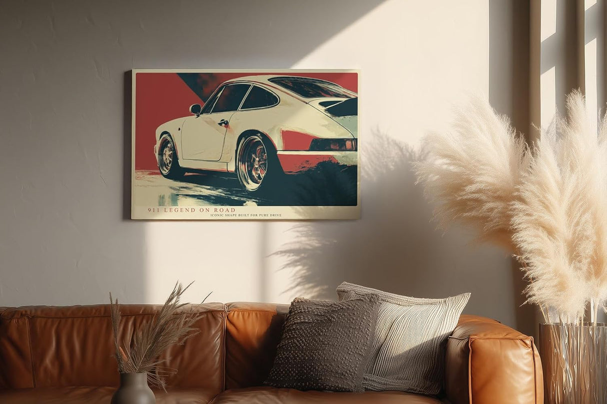 Paul Sinus Wandbild 120x80cm klassischer Sportwagen 911 Retro Auto Kunst moderne Illustration roter Hintergrund Kunstdruck stilvolle Wanddekoration fuer Wohnzimmer Büro Garage
