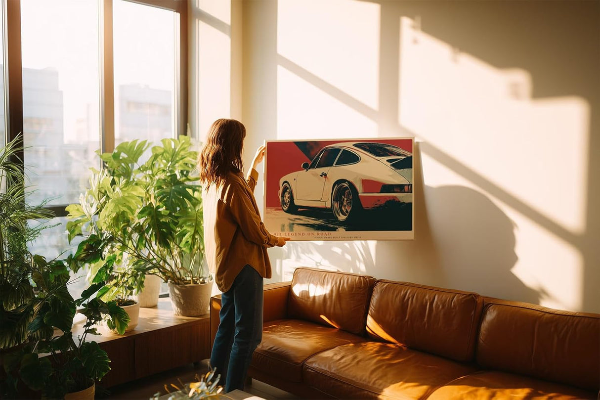 Paul Sinus Wandbild 120x80cm klassischer Sportwagen 911 Retro Auto Kunst moderne Illustration roter Hintergrund Kunstdruck stilvolle Wanddekoration fuer Wohnzimmer Büro Garage