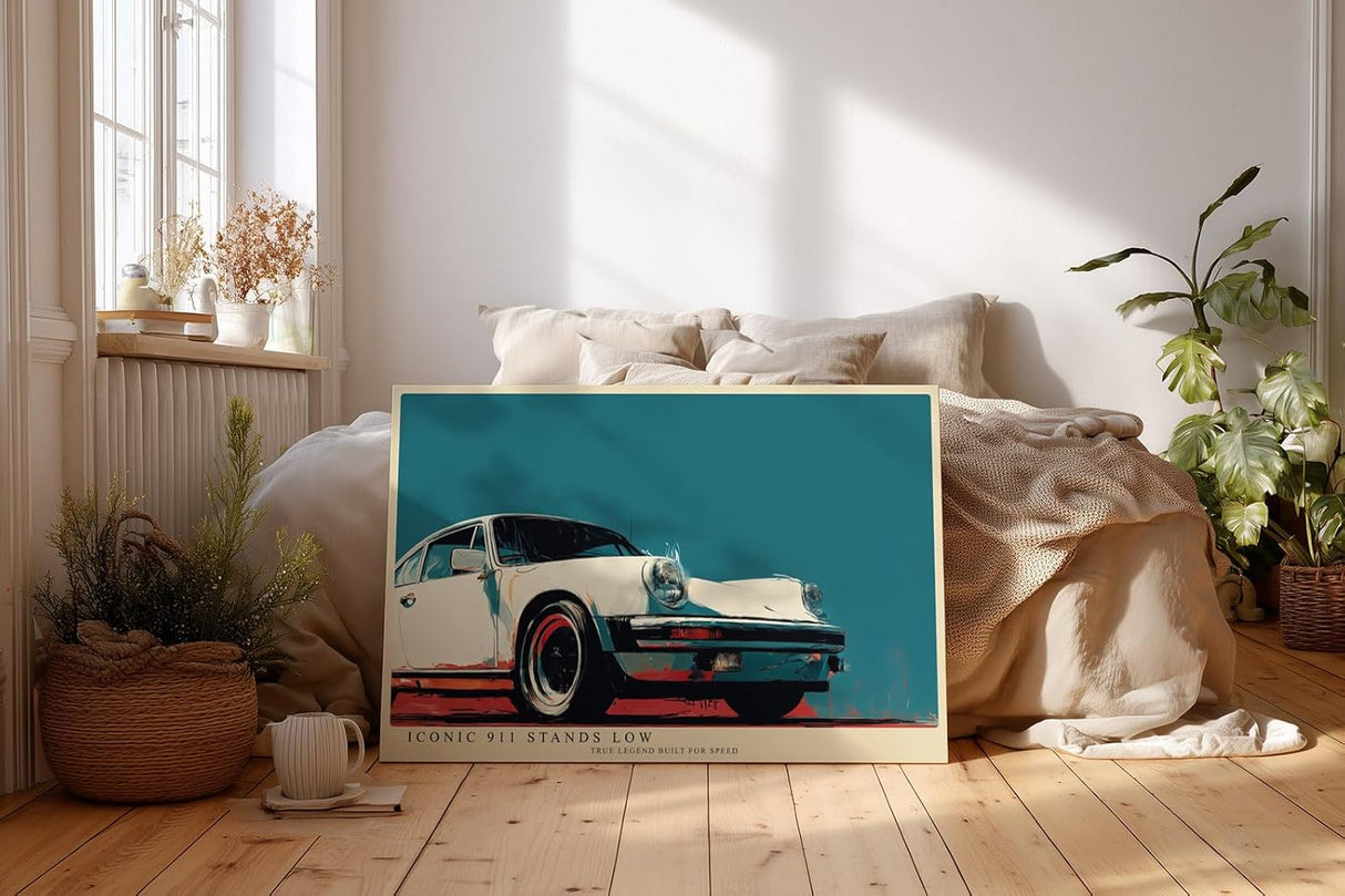 Paul Sinus Wandbild 120x80cm klassischer Sportwagen 911 Retro Illustration stilvolle Auto Kunst in creme rot blau modernes Poster Bild fuer Wohnzimmer Büro Garage Wanddekoration