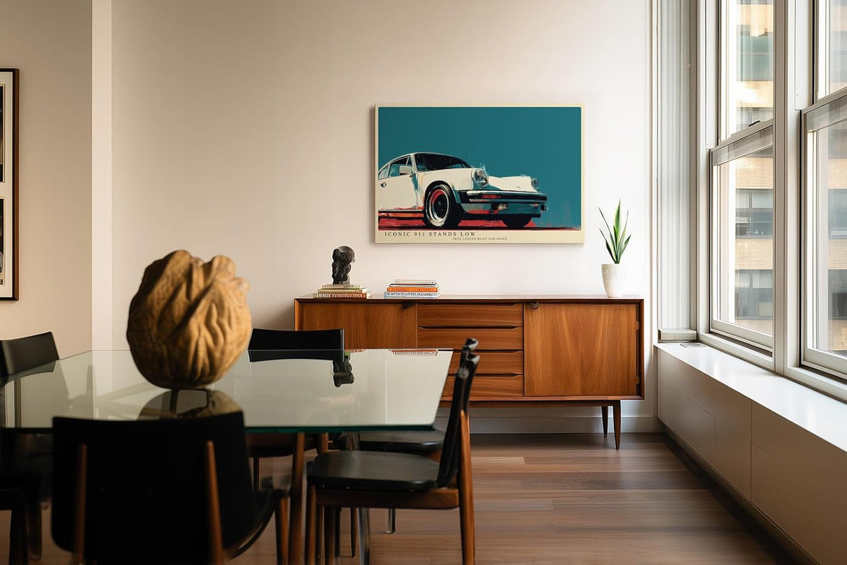 Paul Sinus Wandbild 120x80cm klassischer Sportwagen 911 Retro Illustration stilvolle Auto Kunst in creme rot blau modernes Poster Bild fuer Wohnzimmer Büro Garage Wanddekoration