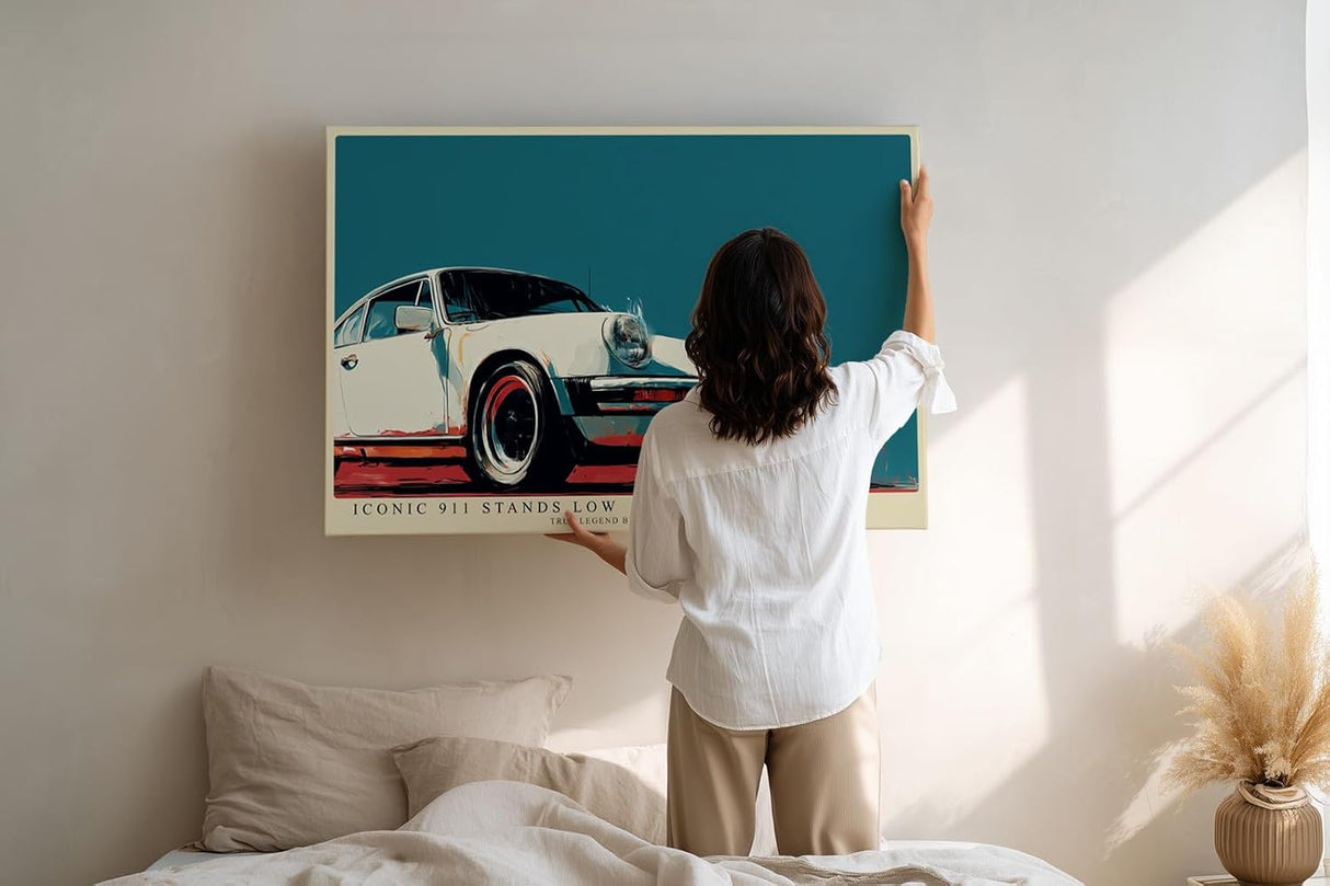 Paul Sinus Wandbild 120x80cm klassischer Sportwagen 911 Retro Illustration stilvolle Auto Kunst in creme rot blau modernes Poster Bild fuer Wohnzimmer Büro Garage Wanddekoration