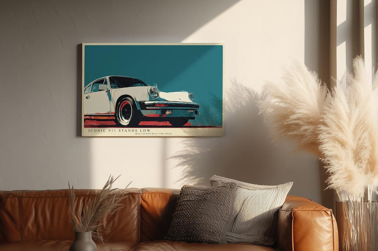 Paul Sinus Wandbild 120x80cm klassischer Sportwagen 911 Retro Illustration stilvolle Auto Kunst in creme rot blau modernes Poster Bild fuer Wohnzimmer Büro Garage Wanddekoration