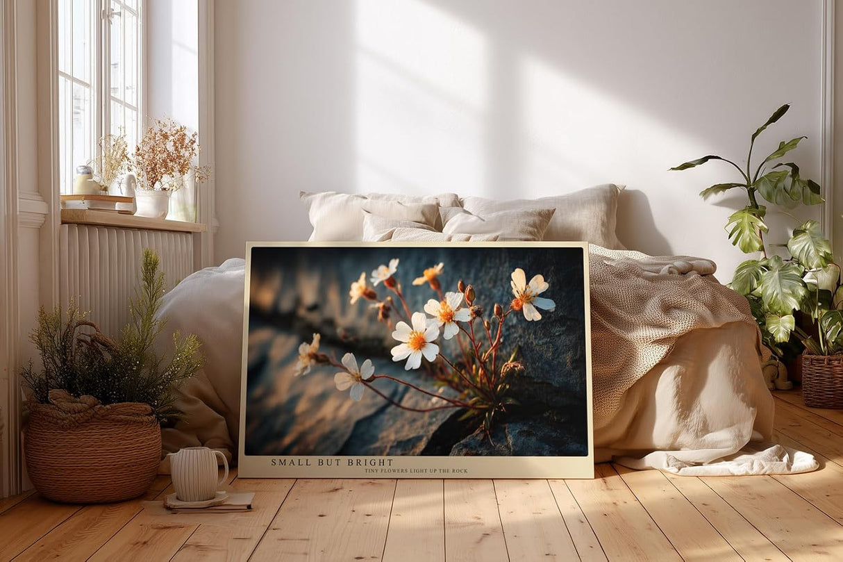 Paul Sinus Wandbild 120x80cm kleine weisse Blumen auf Felsen Naturfotografie warmes Sonnenlicht botanisches Naturmotiv stilvolle Wanddekoration fuer Wohnzimmer Büro