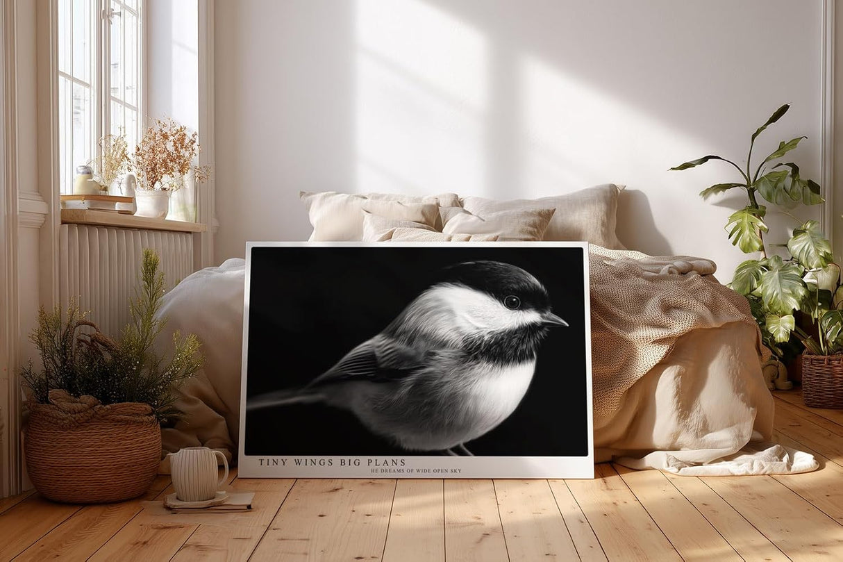 Paul Sinus Wandbild 120x80cm kleiner Vogel Fotokunst schwarz weiss minimalistisch ruhige Natur Tierporträt elegantes Kunstbild moderne
