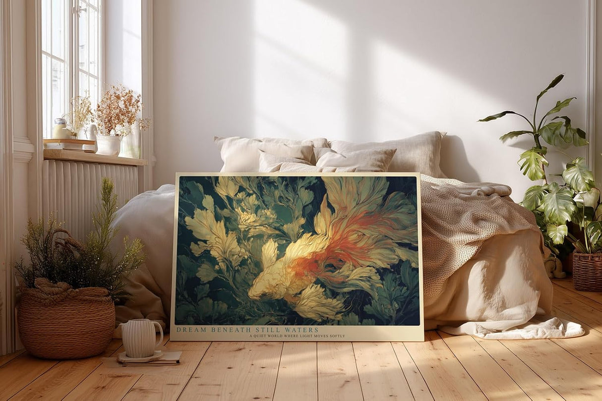 Paul Sinus Wandbild 120x80cm Koi Fisch Illustration modern blau gold asiatische Kunst Kunstdruck grosses Kunstbild stilvolle Wanddekoration fuer Wohnzimmer Büro