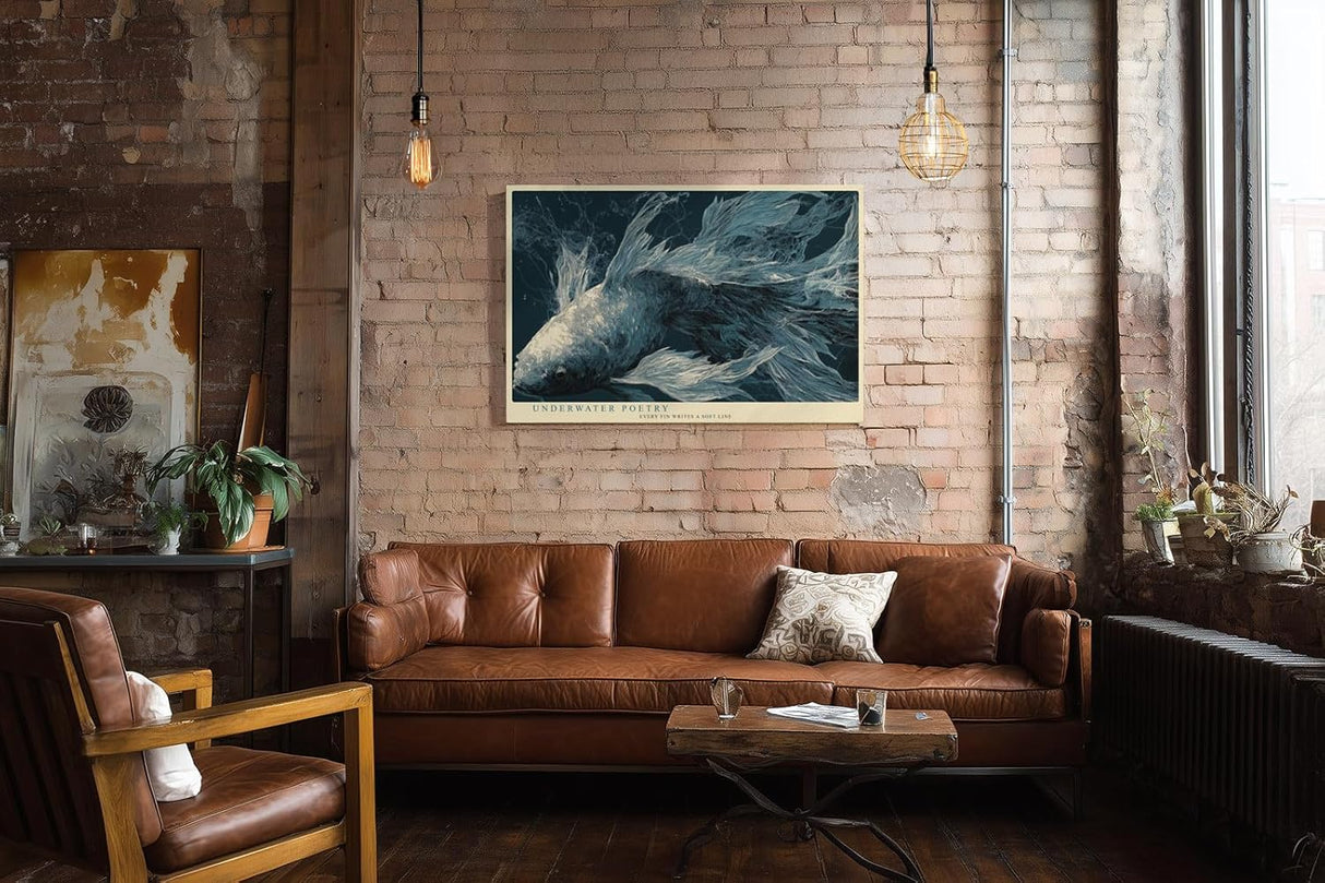 Paul Sinus Wandbild 120x80cm Koi Fisch Unterwasser Kunst eleganter Fisch im Wasser blau graue Farben moderne Natur Wanddekoration fuer Wohnzimmer Büro