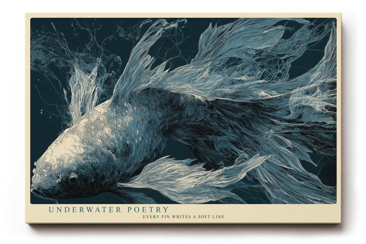 Paul Sinus Wandbild 120x80cm Koi Fisch Unterwasser Kunst eleganter Fisch im Wasser blau graue Farben moderne Natur Wanddekoration fuer Wohnzimmer Büro