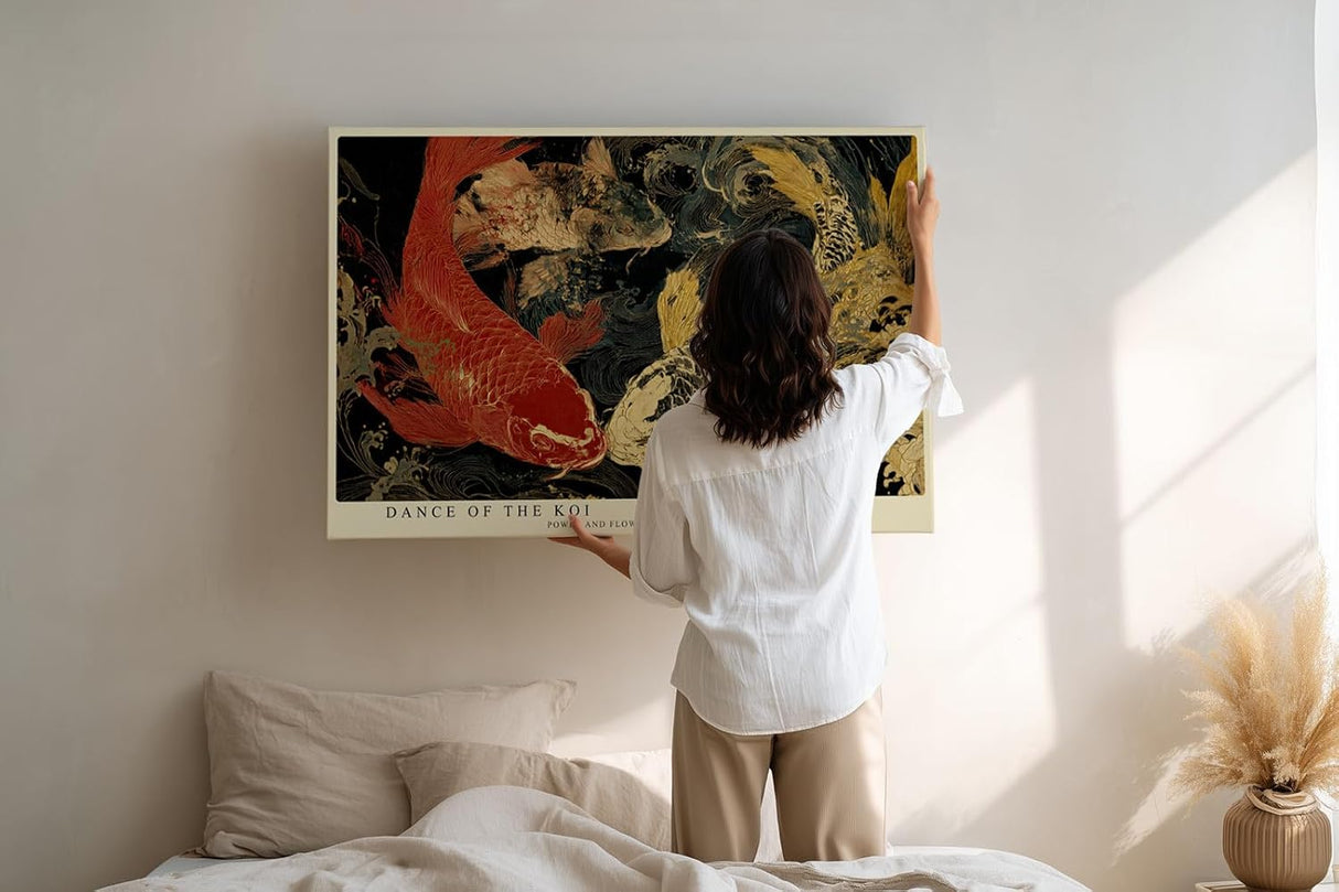 Paul Sinus Wandbild 120x80cm Koi Fische im Dunklen Wasser Japanische Kunst Gold Rot Abstrakte Asiatische Wanddekoration