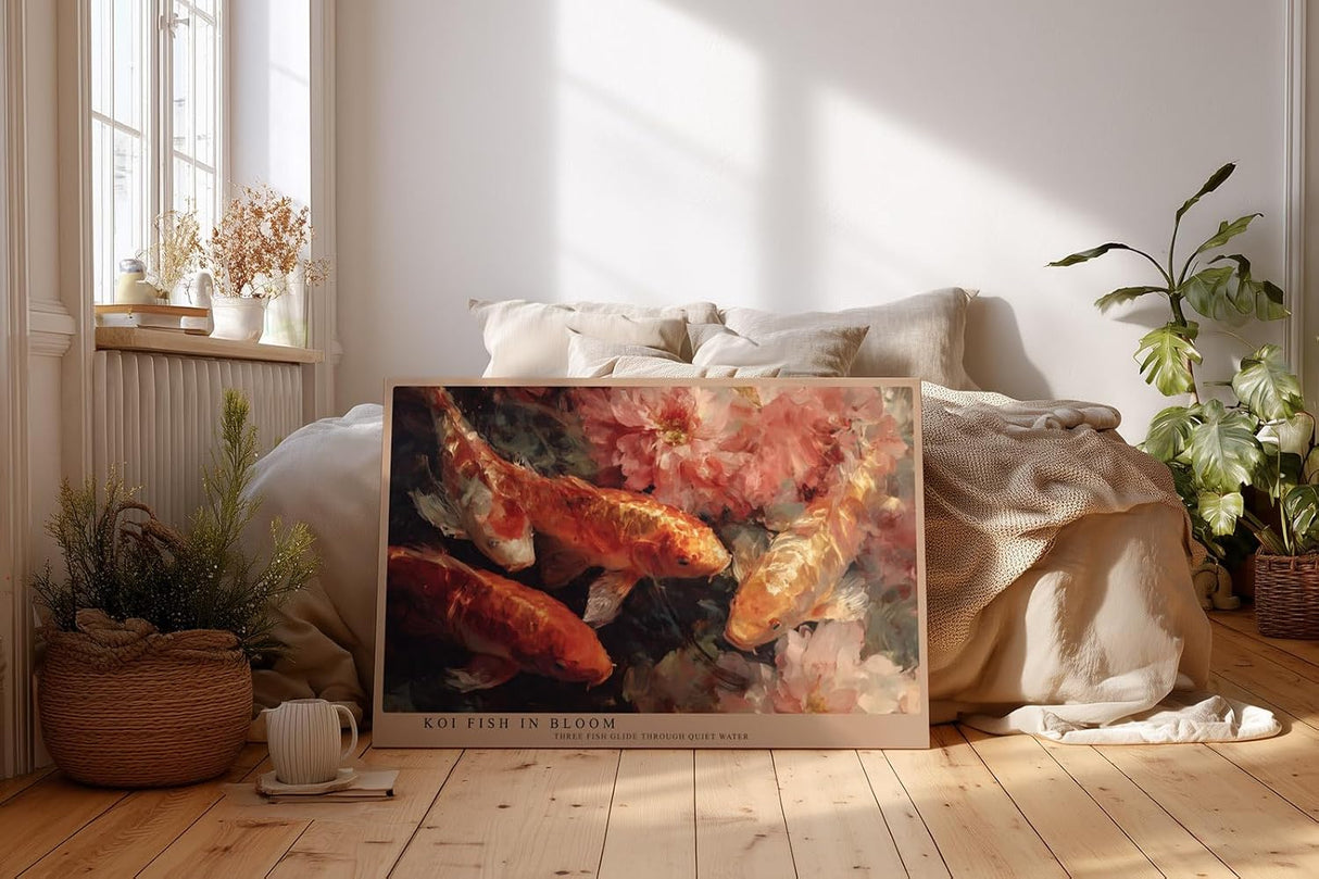Paul Sinus Wandbild 120x80cm Koi Fische mit Blumen Japanische Naturkunst in Rot Gold Wanddekoration Wohnzimmer