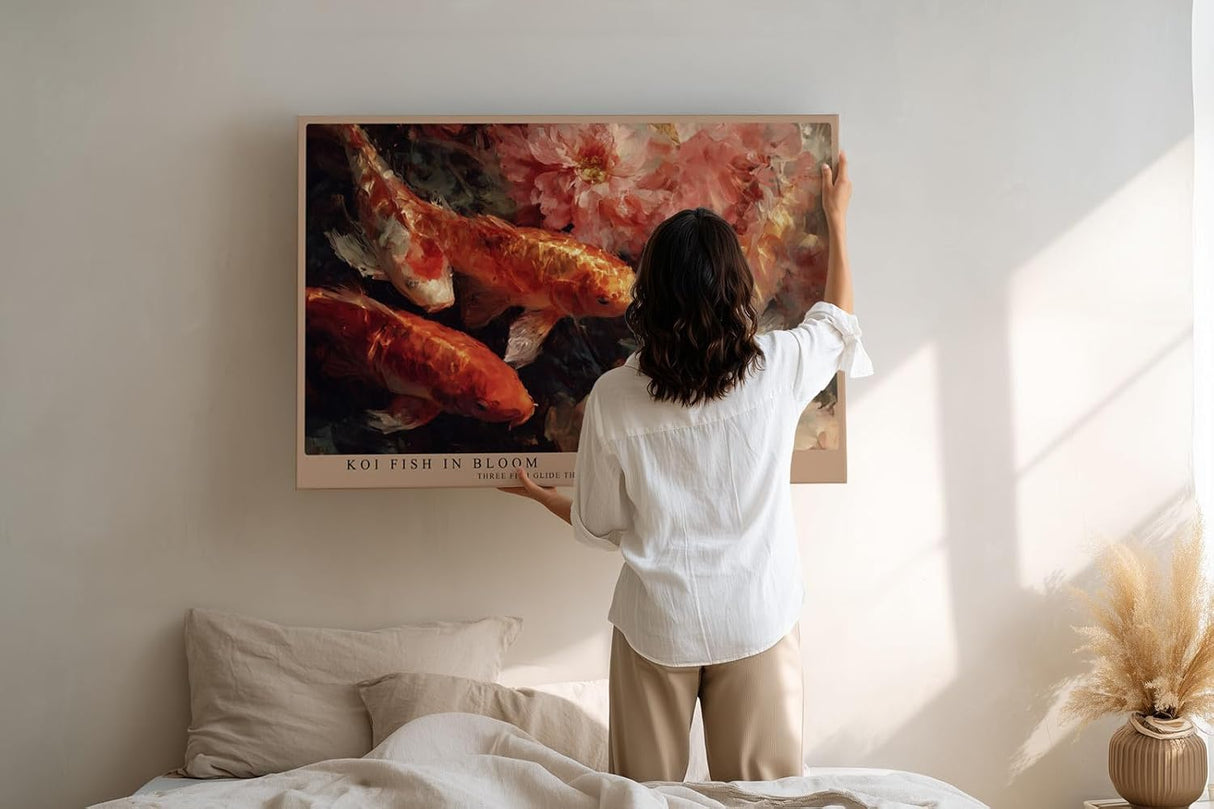 Paul Sinus Wandbild 120x80cm Koi Fische mit Blumen Japanische Naturkunst in Rot Gold Wanddekoration Wohnzimmer