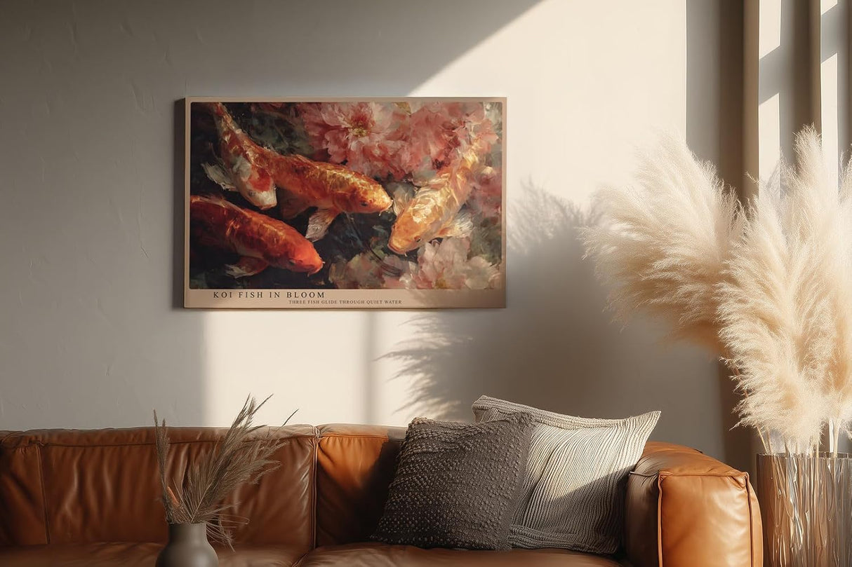 Paul Sinus Wandbild 120x80cm Koi Fische mit Blumen Japanische Naturkunst in Rot Gold Wanddekoration Wohnzimmer