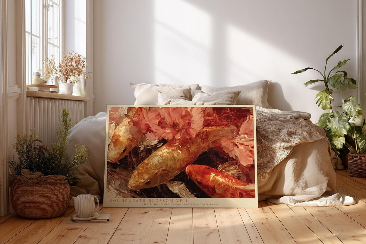 Paul Sinus Wandbild 120x80cm Koi Fische und Kirschblueten Japanische Natur Kunstmotiv Elegante Wasser Szene mit warmen Farben