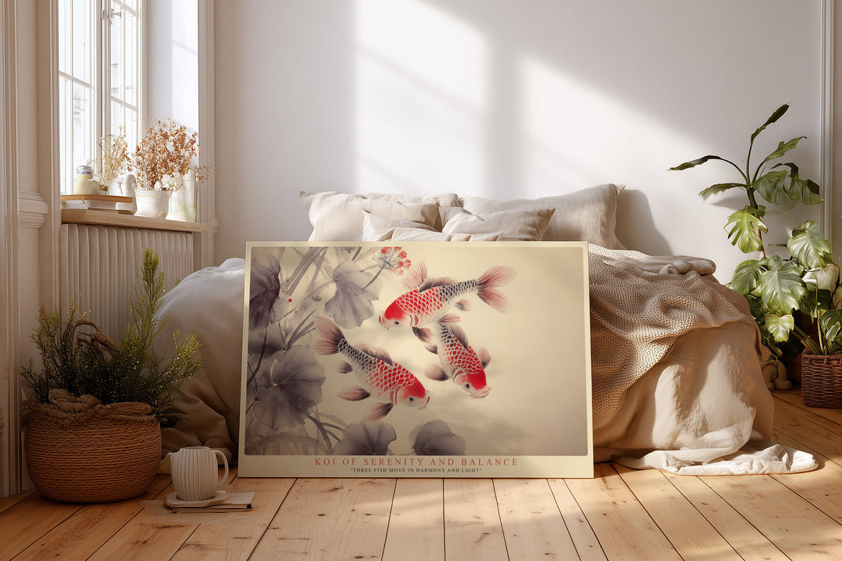 Paul Sinus Wandbild Koi of Serenity and Balance harmonisches Tiermotiv mit drei roten Koi-Fischen in Bewegung auf hellem Hintergrund