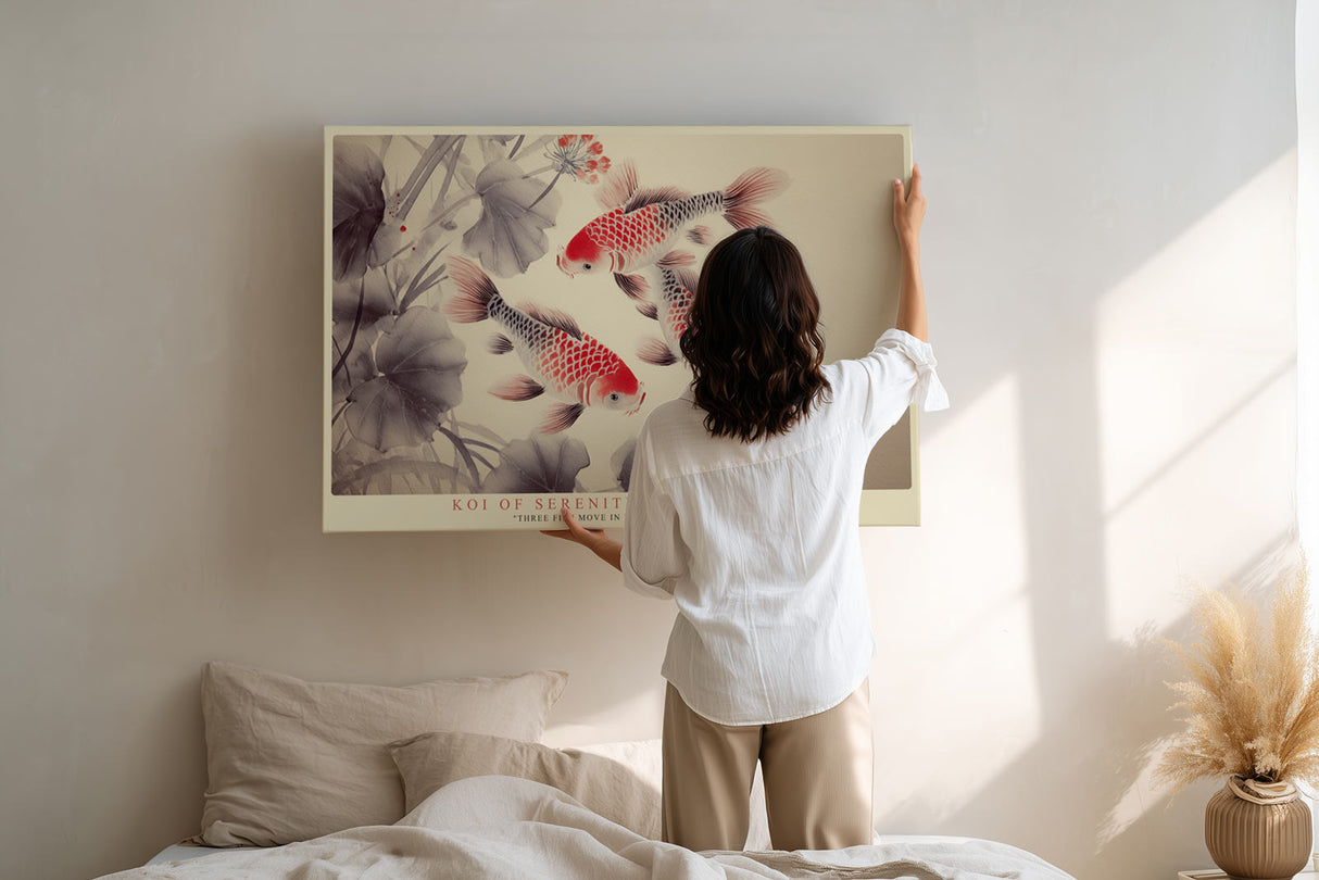 Paul Sinus Wandbild Koi of Serenity and Balance harmonisches Tiermotiv mit drei roten Koi-Fischen in Bewegung auf hellem Hintergrund