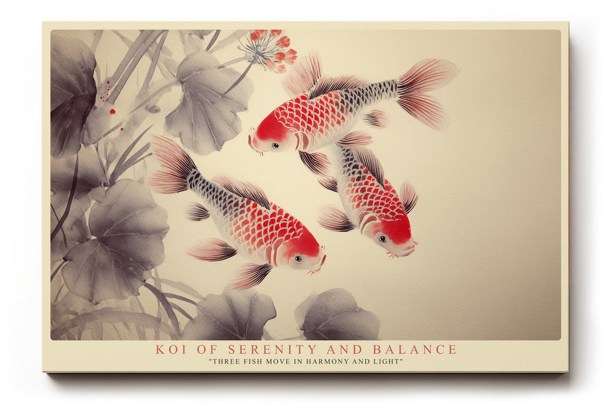 Paul Sinus Wandbild Koi of Serenity and Balance harmonisches Tiermotiv mit drei roten Koi-Fischen in Bewegung auf hellem Hintergrund